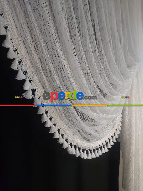 Saçaklı Püsküllü Camkırığı Desenyanki Kruvaze Tiyatro Model- Beyaz-ekru