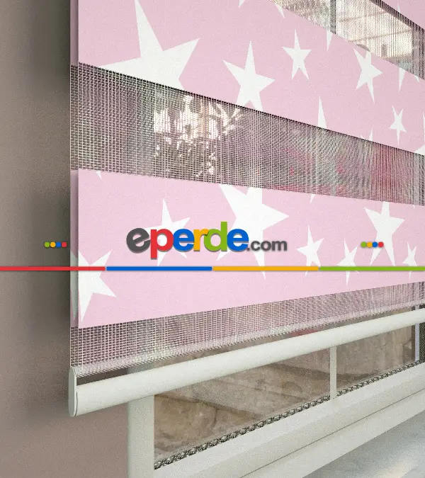 Pembe Yıldız Desenli Baskılı Zebra Perde