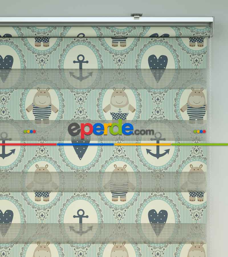 Çocuk Odası Zebra Perde - Çapa Ve Kalp Baskılı Zebra Perde- Gri-Füme-Antrasit-Beyaz-Su Yeşili