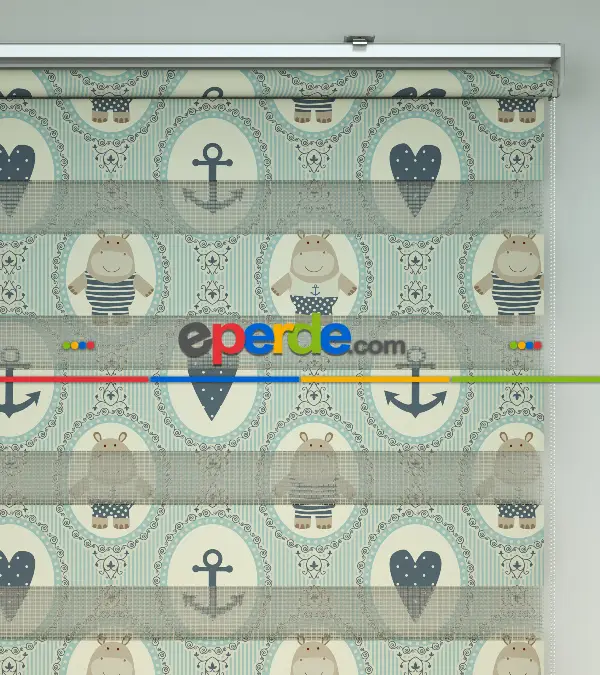 Çocuk Odası Zebra Perde - Çapa Ve Kalp Baskılı Zebra Perde- Gri-Füme-Antrasit-Beyaz-Su Yeşili