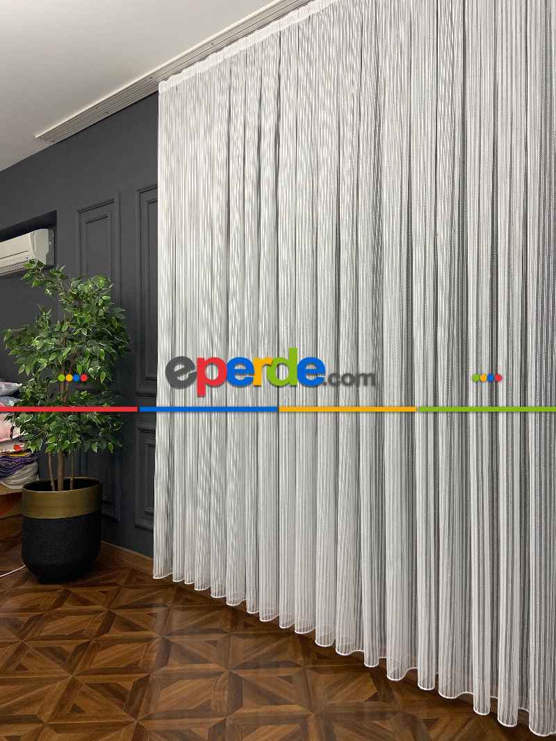 Zincir Tül Boyuna Çift Çizgili Sakallı Tül- Ekru - Kurşunlu Tül