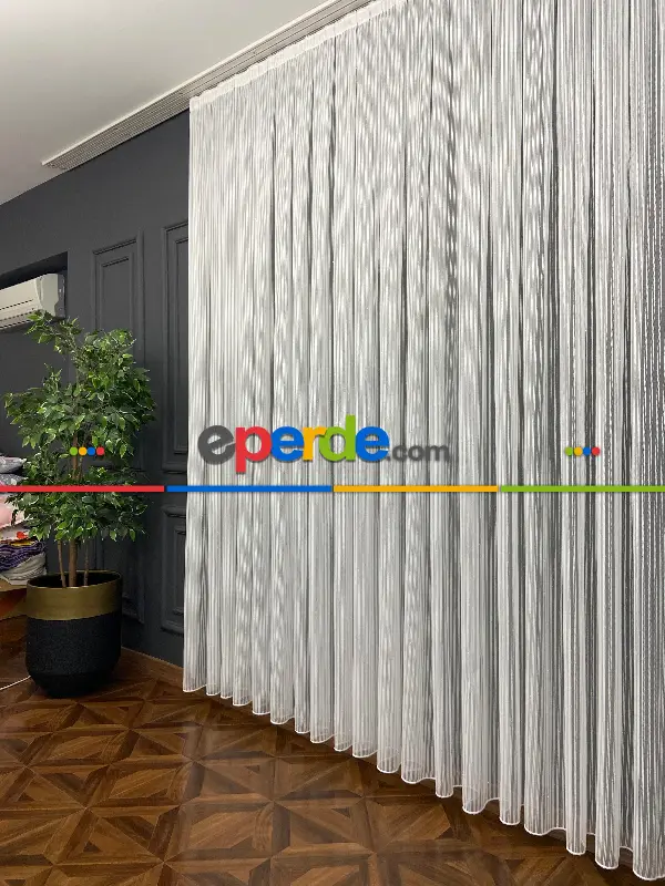 Yatak Odası - Zincir Tül Boyuna Çift Çizgili Sakallı Tül- Ekru