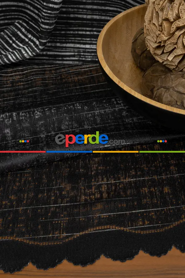 Genç Odası - Çizgi Modern Desenli Örme Tül - Siyah ( Degrade Geçişli )