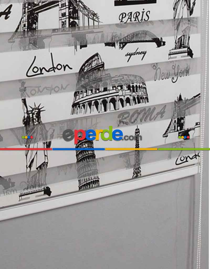 Çocuk Odası - Roma Paris Baskılı Zebra Perde- Siyah-beyaz- Çok Renkli 2