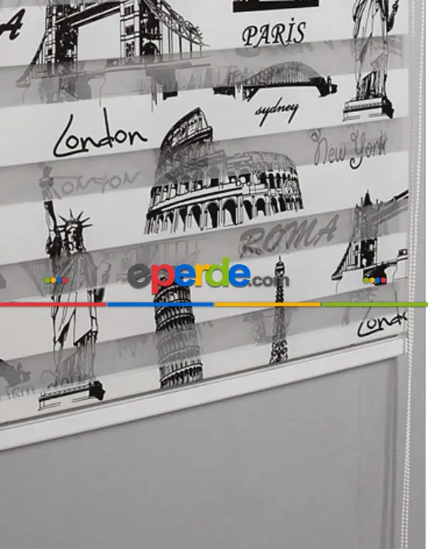 Roma Paris Baskılı Zebra Perde- Siyah-beyaz- Çok Renkli 2