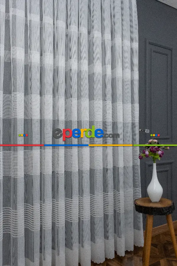 2022 Model Ekru Çizgi Desenli Örme 1.sınıf Kalite Tül Perde