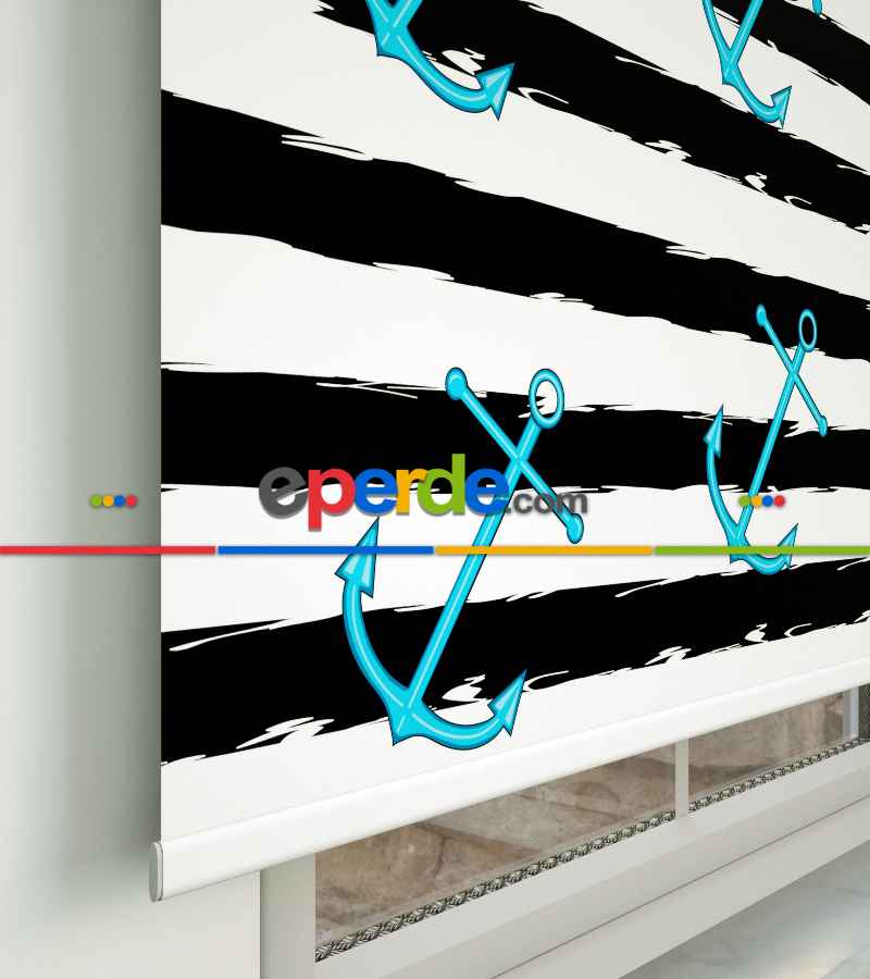 Çapa Desenli Baskılı Stor Perde- Siyah-turkuaz-ekru-çok Renkli