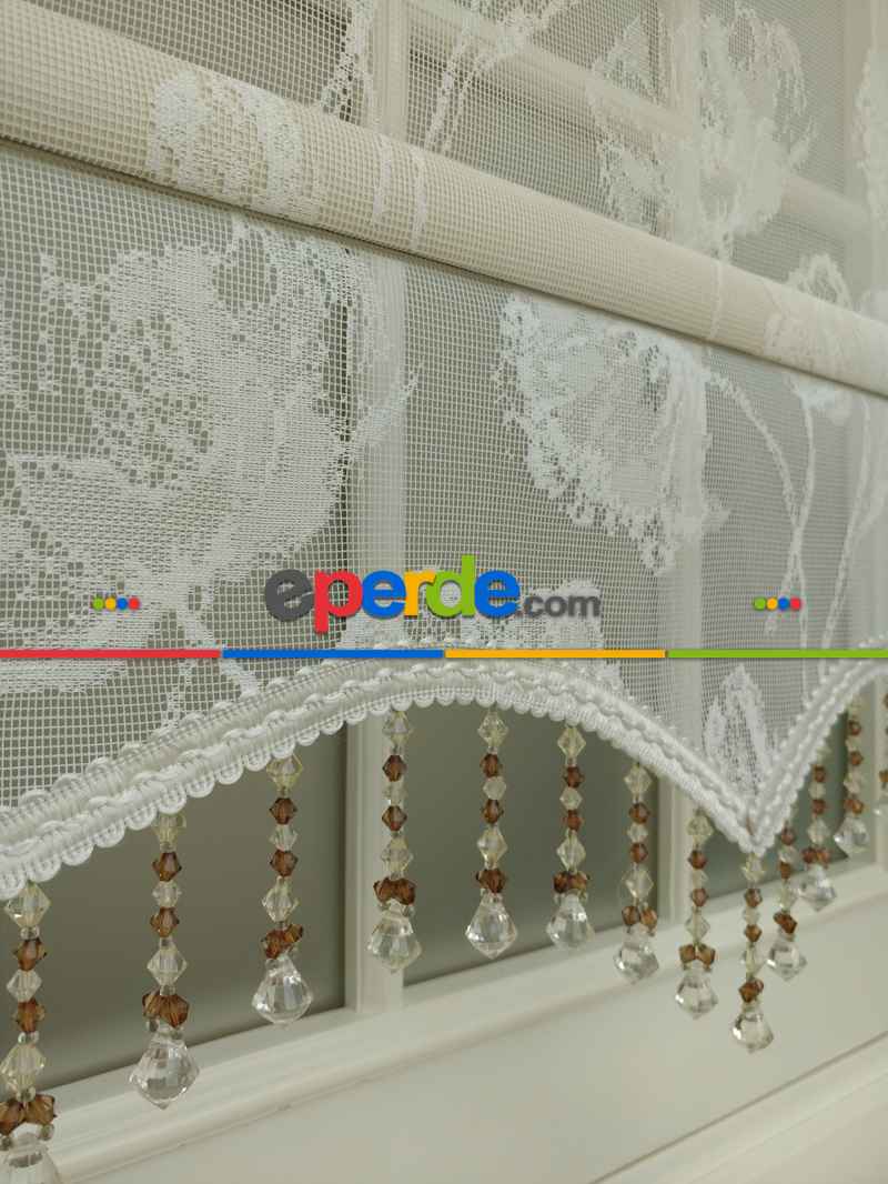 Çiftli Sistem Tül Ve Stor Perde - Lale Desen- Krem Açık-ekru