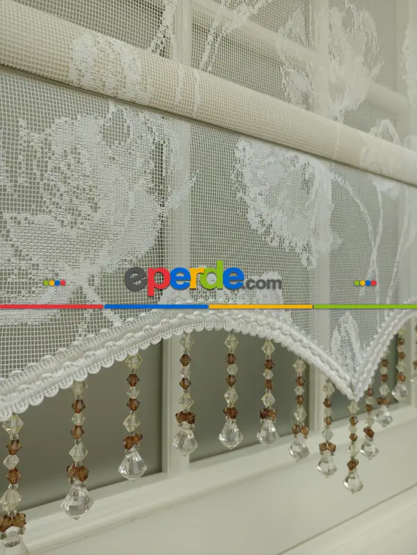 Çiftli Sistem Tül Ve Stor Perde - Lale Desen- Krem Açık-ekru