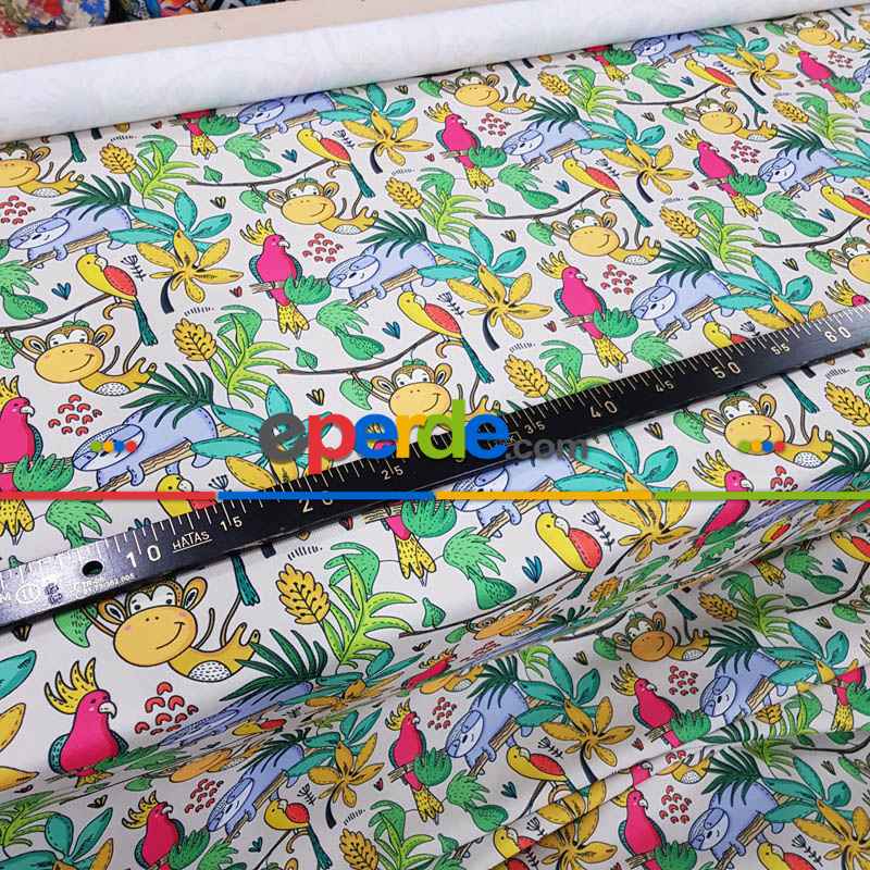 Tropikal Orman Desenli Fon Perde Evm688 Kumaşı Kalındır Duck Bezi Değildir- Yeşil-Beyaz