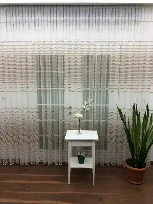 Enine Çizgili Bantlı Spor Tül Perde- Ekru-sütlü Kahve