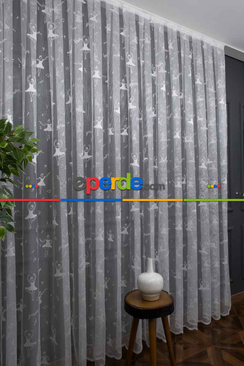 Kız Çocuk Odası Tül Perde - Balerin Desenli - Ütü İstemez - Özel Ölçü Sipariş