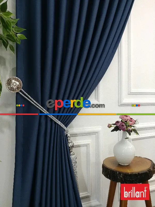 Yatak Odası - Brillant Karartma Blackout Koyu Mavi Renk Fon Perde- Mavi Koyu