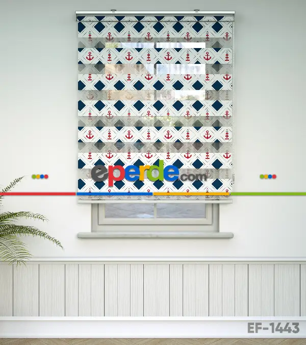 Çocuk Odası Zebra Perde - Çapa Desen Baskılı Zebra Perde- Lacivert-Kırmızı