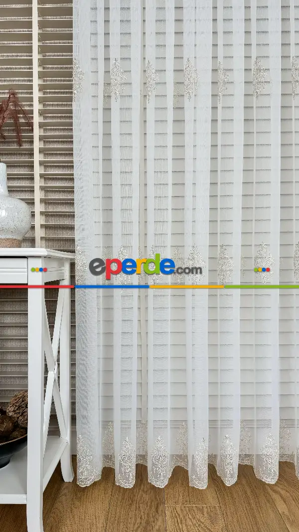 Ekru Altın Özel Dokuma, Özel İplik Brode İşlemeli Tül Perde - Ağır Gramajlı Premium Nakışlı