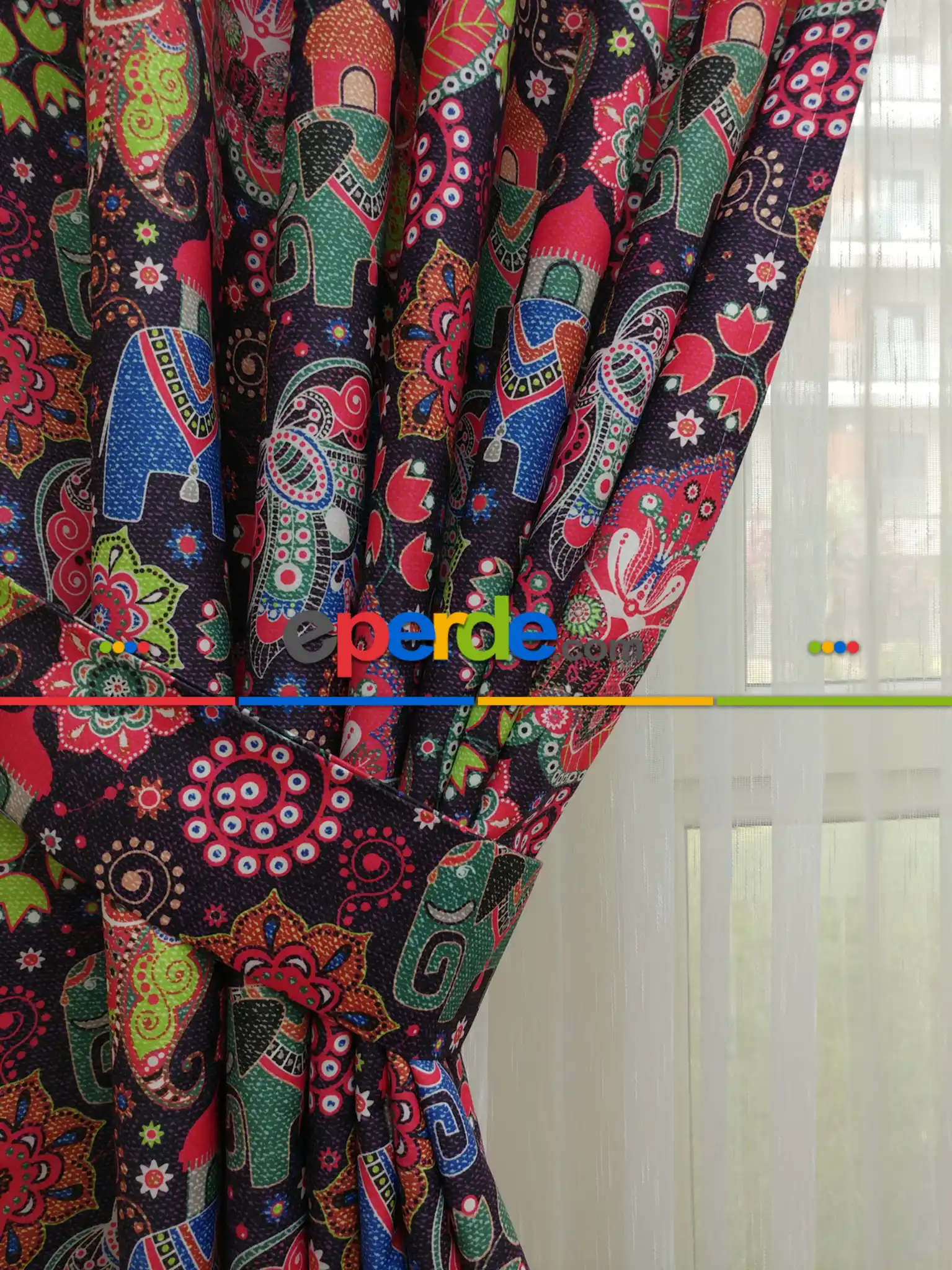 Fil Desenli Etnik Hazır Fon Perde - Kumaşı Kalındır Duck Bezi Değildir- Lacivert-Mavi-Beyaz-Mor-Fuşya