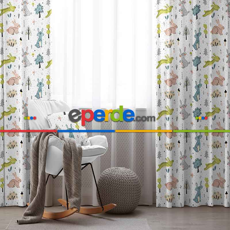 Hayvan Desenli Fon Perde Evim822 Kumaşı Kalındır Duck Bezi Değildir- Mavi-beyaz