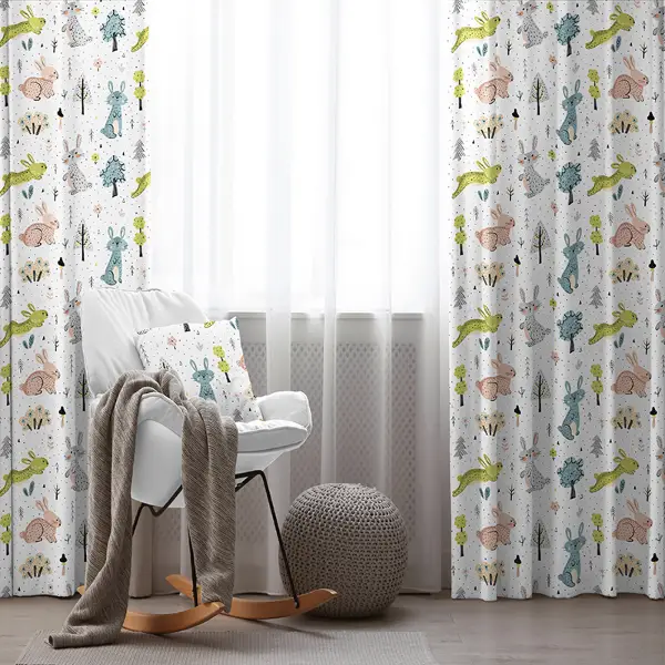 Kız, Erkek, Çocuk ve Bebek Odası Fon Perde - Orman ve Tavşan Desenli - Yavruağzı Gri Mavi Yeşil