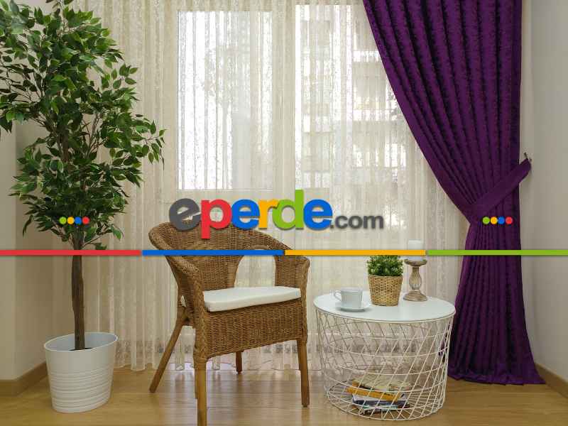 Eflatun Rengi Kendinden Desenli Jakar Fon Perde (285 En)- Eflatun