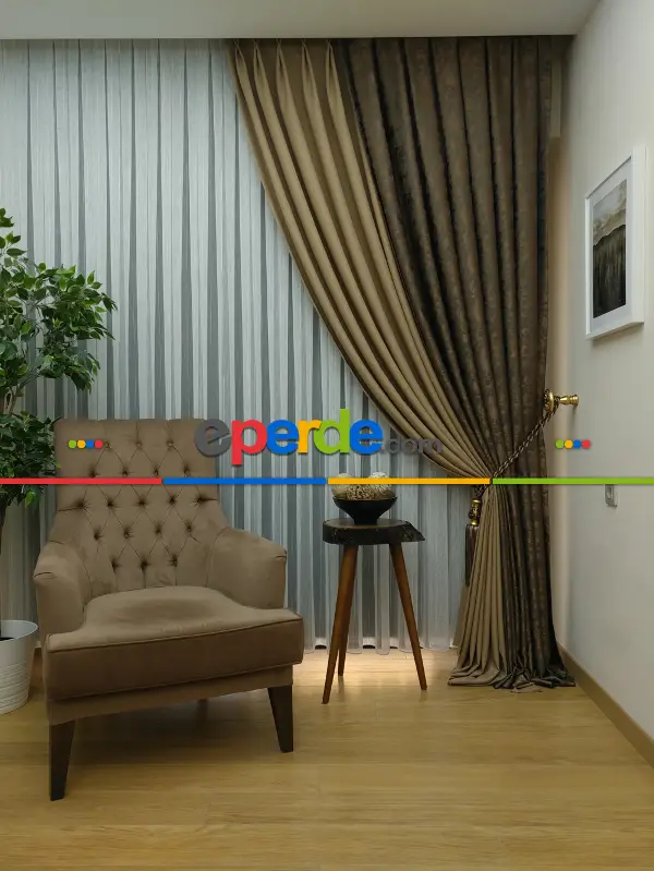 Açık Koyu Kahve Renk Kombinli Desenli Fon Perde- Kahve Koyu-sütlü Kahve