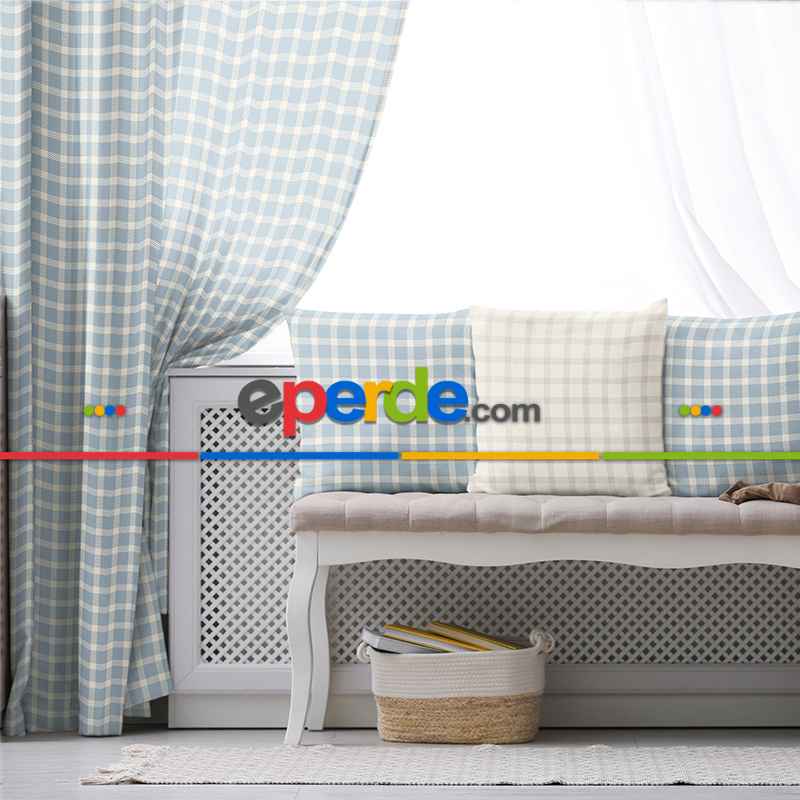 Salon Fon Perde Evim1615-4 Kumaşı Kalındır Duck Bezi Değildir- Mavi-beyaz