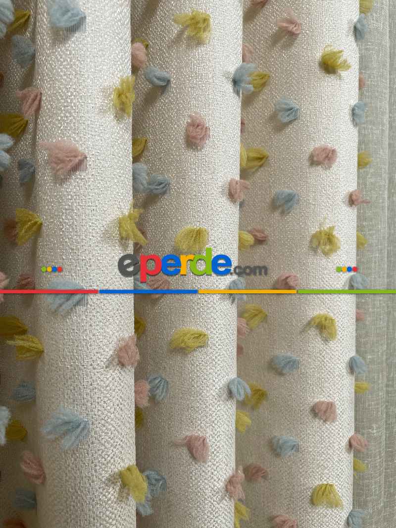 Salon - Krem Çok Renkli Ponponlu Jakar Dokuma, Premium Kalite Serisi Fon Perde