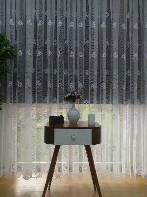 ( Orjinal ) Kdk Damask Serpme Desenli Salon Fransız Dantel Tül Perde & Kruvaze Perde- Ekru