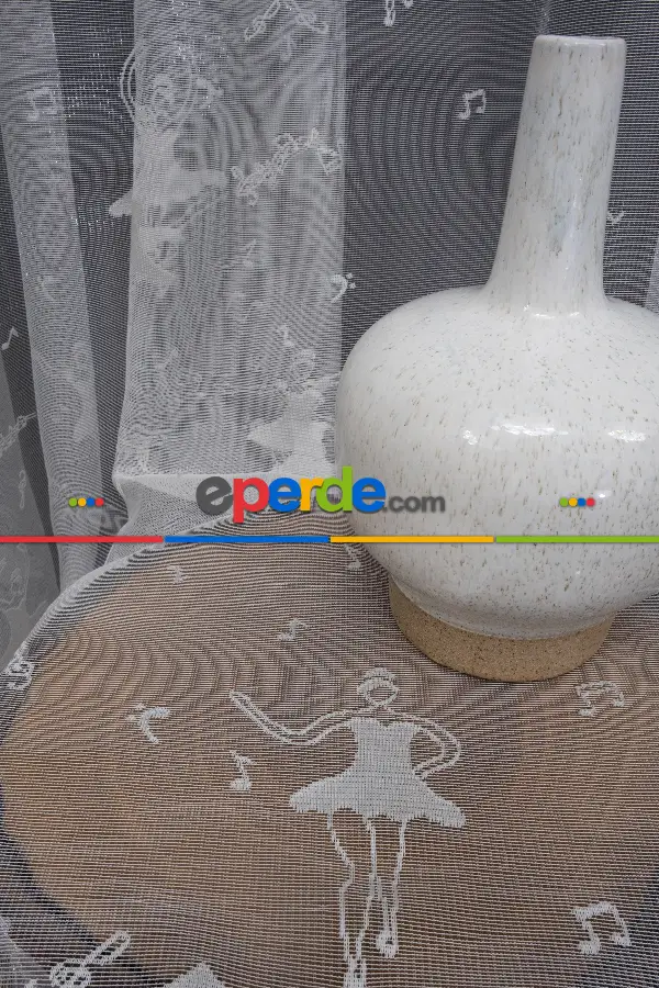 Balerin Desenli Ekru Renkli Kız Çocuk Odası İçin Tül Perde