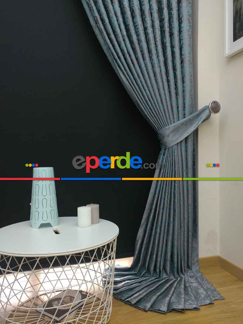 Gri Mint Desenli Jakar Fon Perde - Gri-füme-antrasit-mint