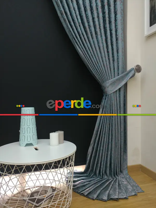 Gri Mint Desenli Jakar Fon Perde - Gri-füme-antrasit-mint