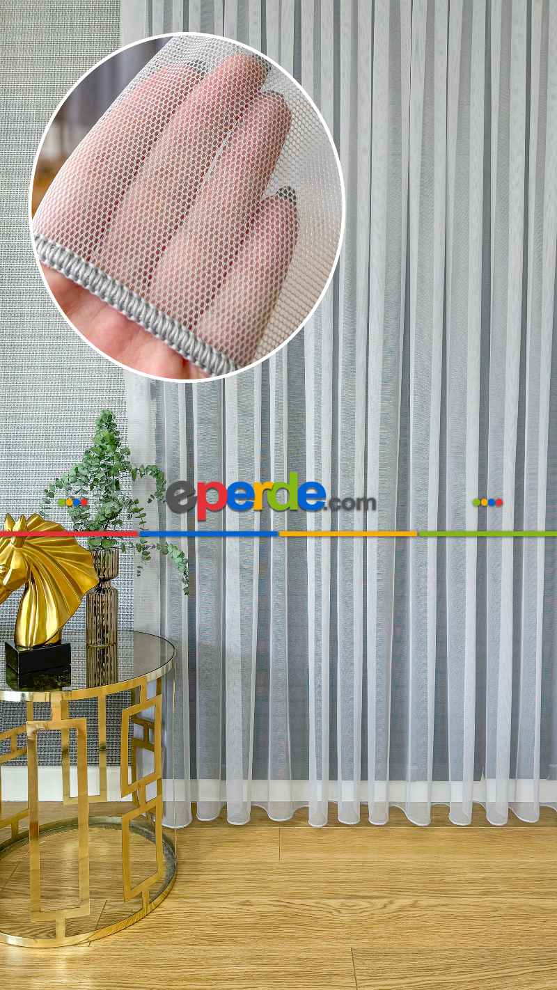 Oturma Odası - Açık Gri Grek Zemin Düz Tül Perde - Kurşunlu