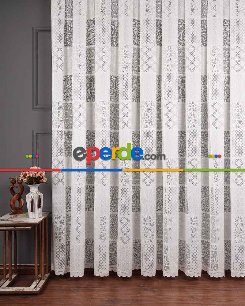 Tül Perde - Desenli Tül - Örme Tül - Patchwork Desen