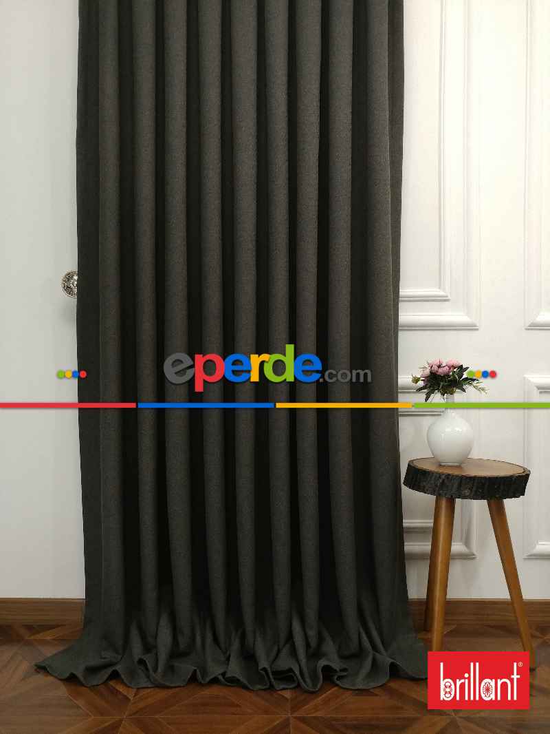 Brillant Keten Antrasit Renk Düz Fon Perde - Füme