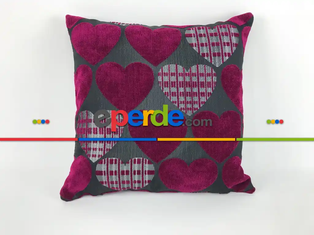 Pembe Kalp Desenli Jakarlı Dokuma Kırlent Kılıfı 2021 Model 42x42- Gri-füme-antrasit-füme-pembe