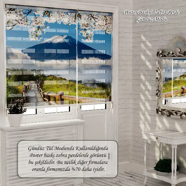 Gece Ay Ve Bulutlar Özel Poster Baskılı Zebra Perde- Lacivert-Kırmızı