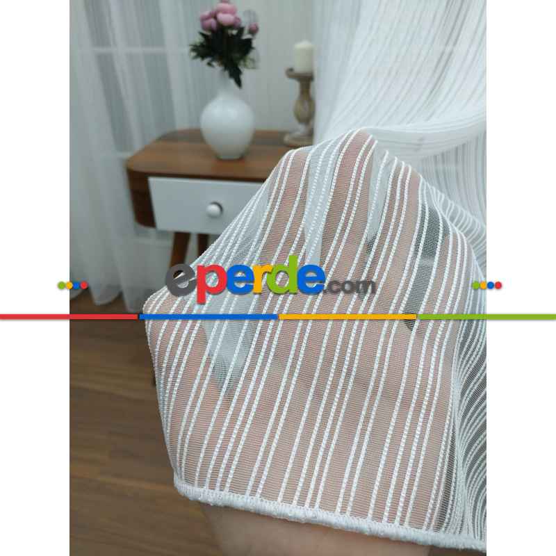 Mutfak - Çizgili Tül - Çizgi Desen Tül -ip Tül - Zincir Tül- Beyaz-ekru - Kurşunlu Tül