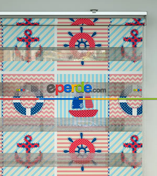 Bebek Odası Zebra Perde - Gemi Ve Çapa Desen Baskılı Zebra Perde- Lacivert-Mavi-Kırmızı