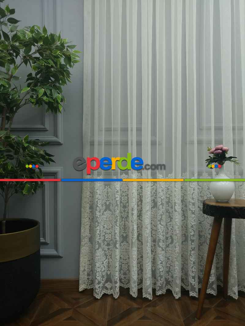 Salon Tül Perde - Eteği Duble Nakış İşlemeli Tül Perde Ikon 2021- Krem