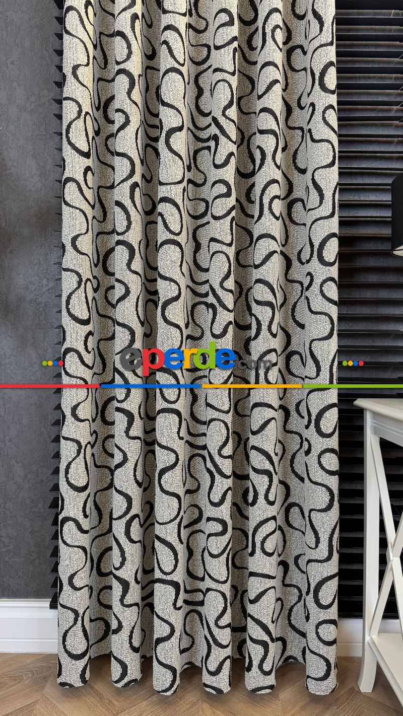 Ekru Jakar Dokuma Fon Perde Siyah