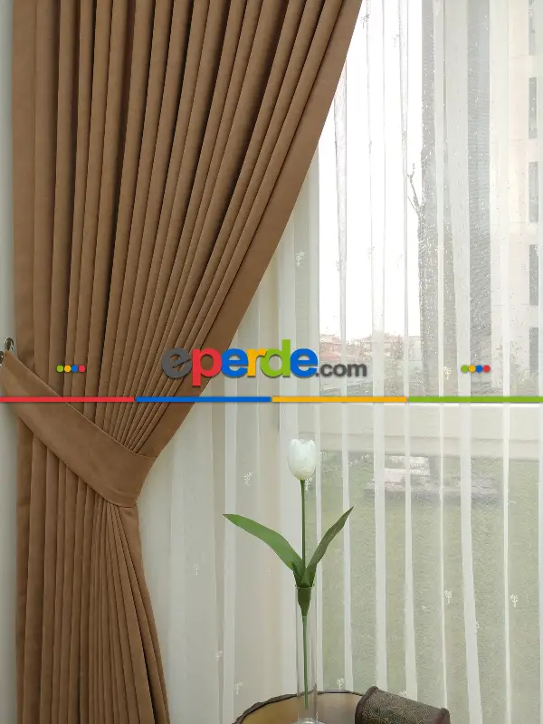 Saon Perdesi - Açık Kahve Düz Sade Fon Perde (  Dökümlü Fon )- Acı Kahve