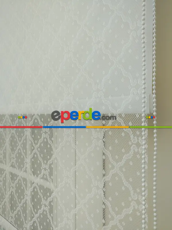 Jakar Örme Tül- Ekru Çiftli Sistem Dantel Desenli Perde- Ekru