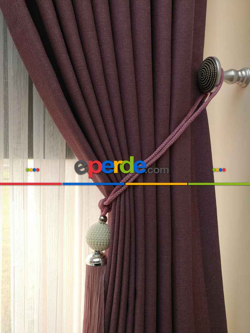 Yatak Odası - Keten Mürdüm Renk Düz Fon Perde - Mürdüm