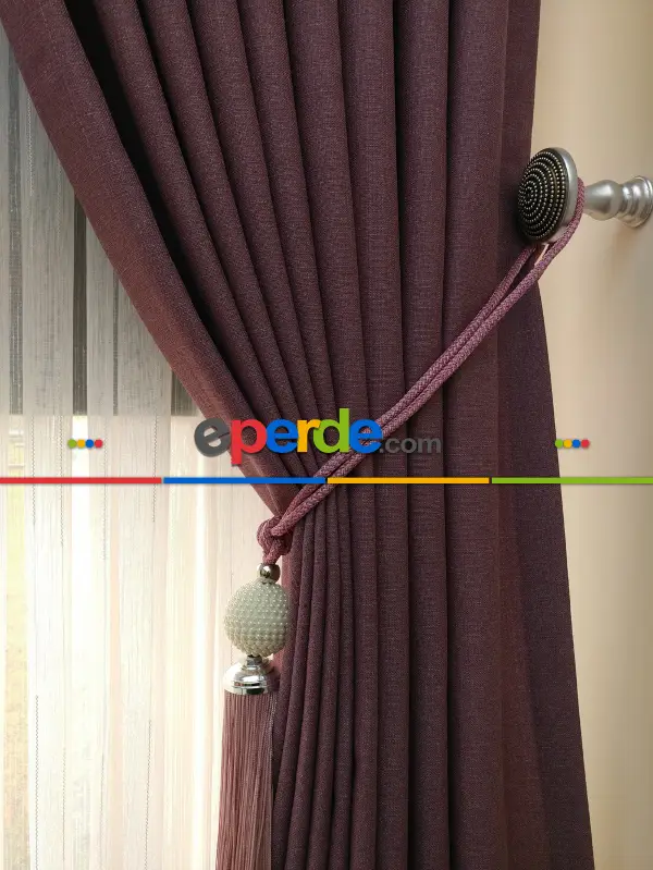 Yatak Odası - Keten Mürdüm Renk Düz Fon Perde - Mürdüm