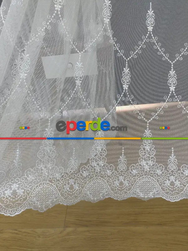 %60 İndirimli - Nakış İşlemeli Desenli Tül Perde - Ütü İstemez- Ekru