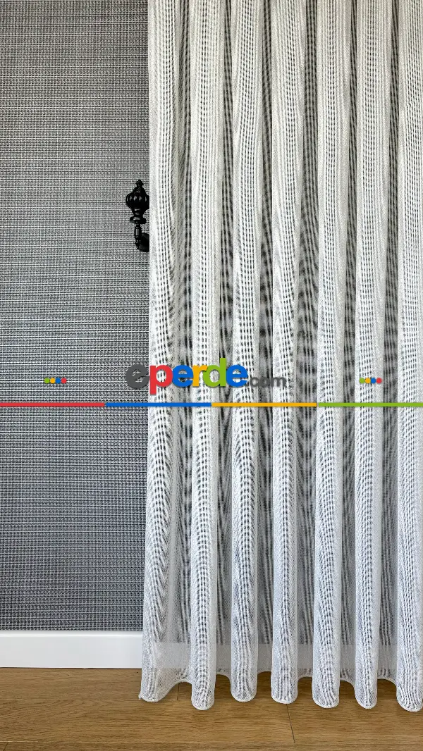 Salon - Ekru Keten Gümüş Simli Tül Perde - Ağır Gramajlı Premium