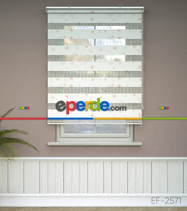 Yavruağzı Ve Su Yeşili Yıldız Desenli Baskılı Zebra Perde