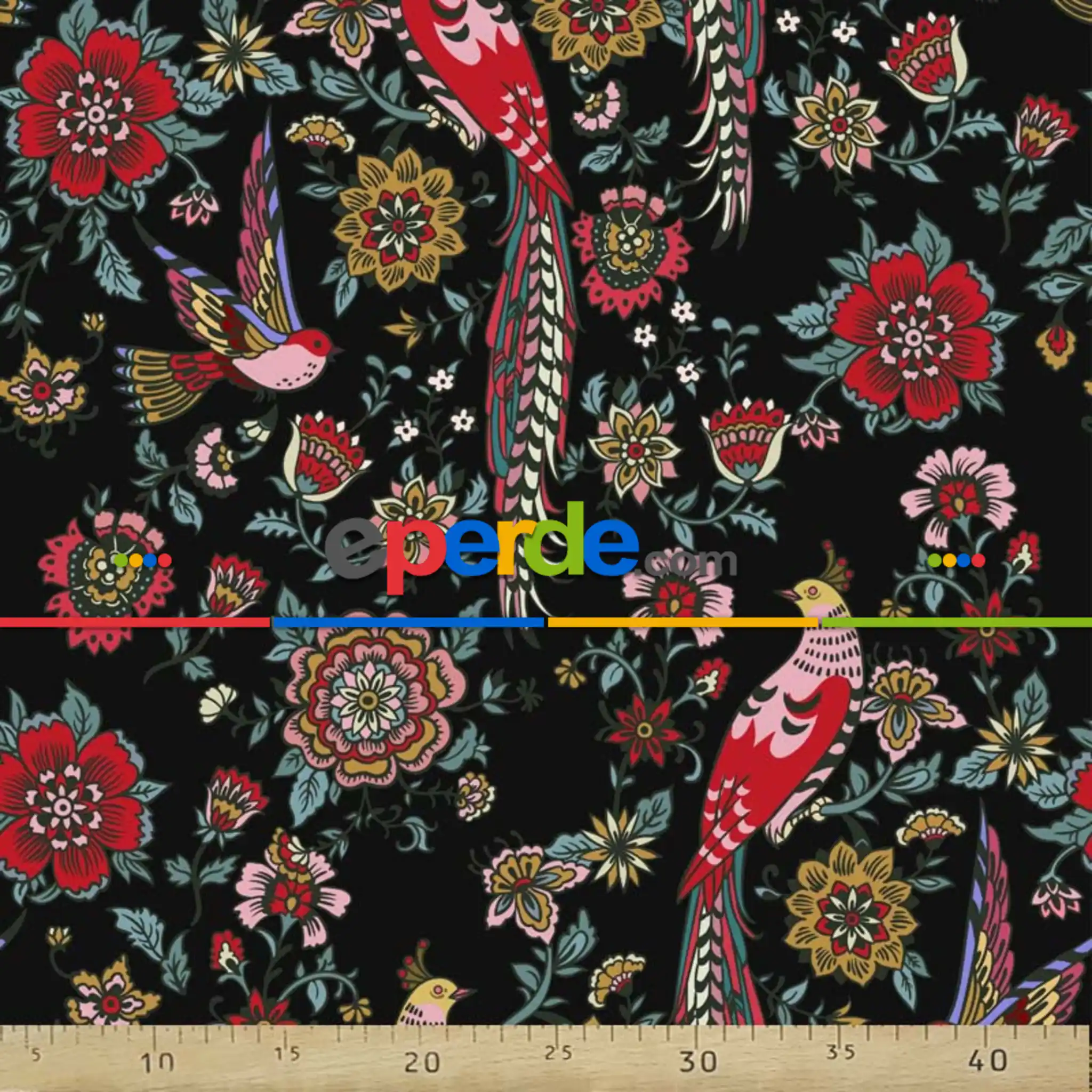 Kuş Ve Çiçek Desenli Fon Perde Evm804 Kumaşı Kalındır Duck Bezi Değildir- Siyah-Bordo- Çok Renkli 3