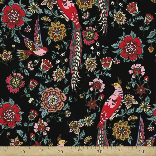 Kuş Ve Çiçek Desenli Fon Perde Evm804 Kumaşı Kalındır Duck Bezi Değildir- Siyah-Bordo- Çok Renkli 3