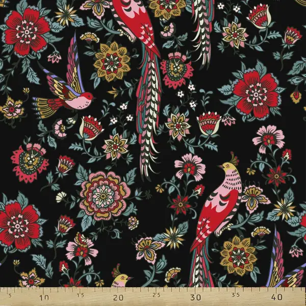 Kuş Ve Çiçek Desenli Fon Perde Evm804 Kumaşı Kalındır Duck Bezi Değildir- Siyah-Bordo- Çok Renkli 3