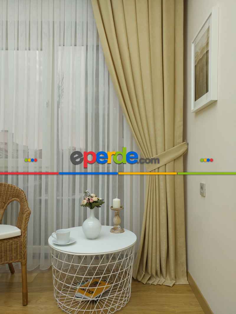 Oturma Odası - Soft Koyu Krem Fon Perde (150)- Krem Koyu